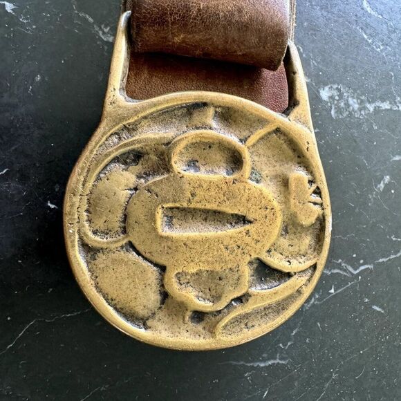 Vintage Womens 1970s Brown Leather Solid Brass Geometric Hippie Belt Sz L main image 5
